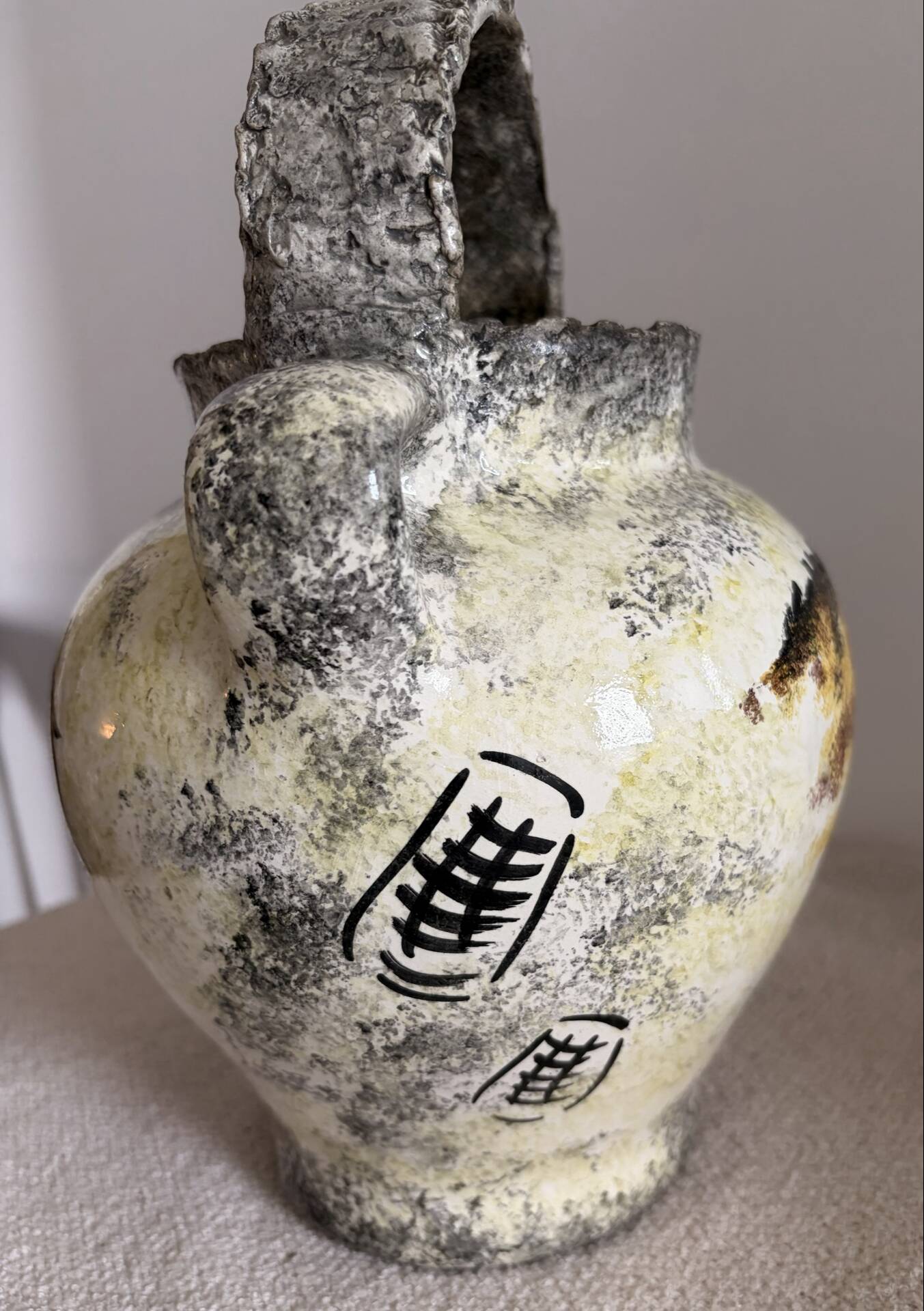 Vintage French Studio Ceramic Pitcher by Ghila – Lascaux Cave Art Styl