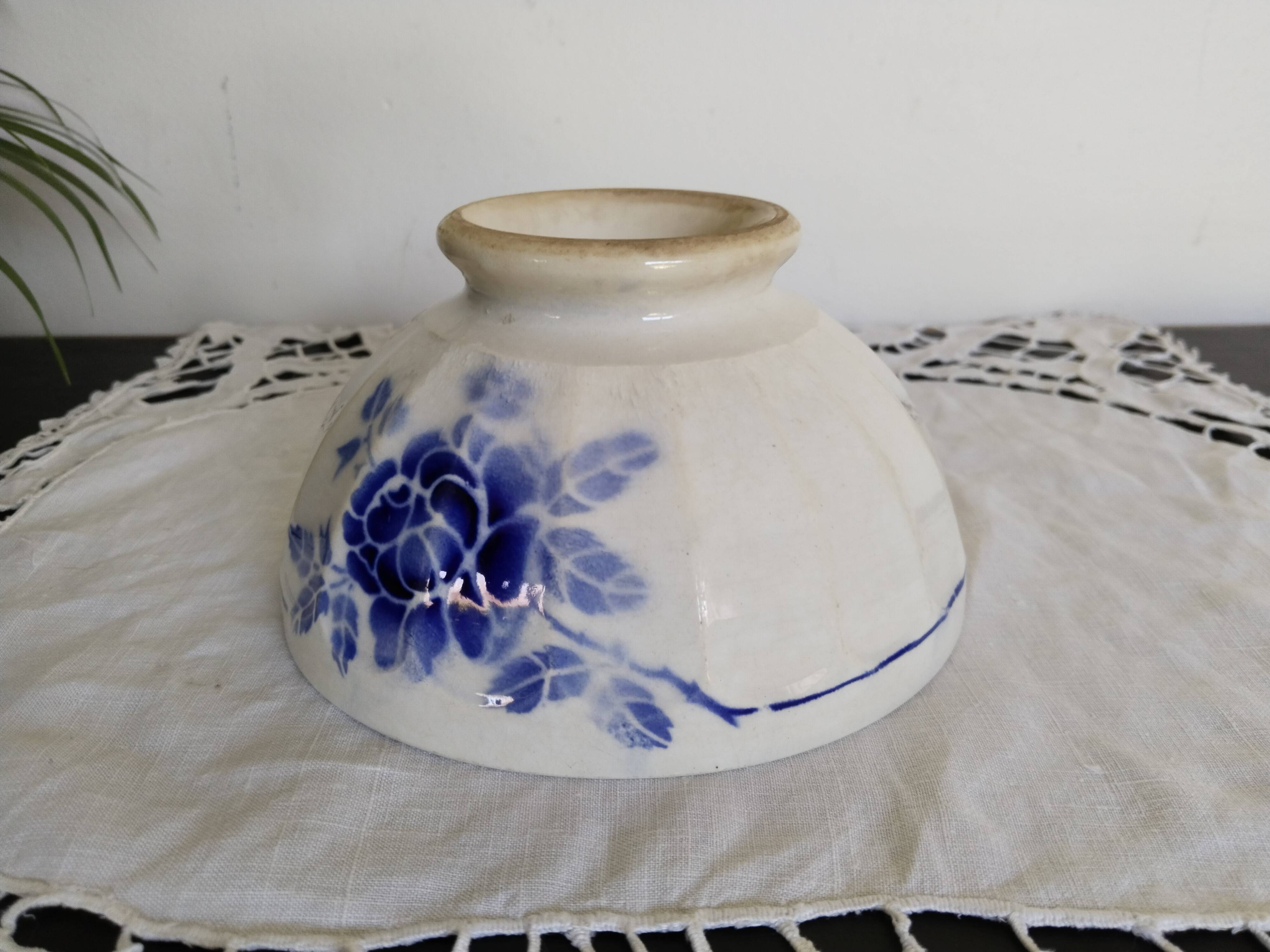 Large old blue bowl in vintage earthenware, 1940s