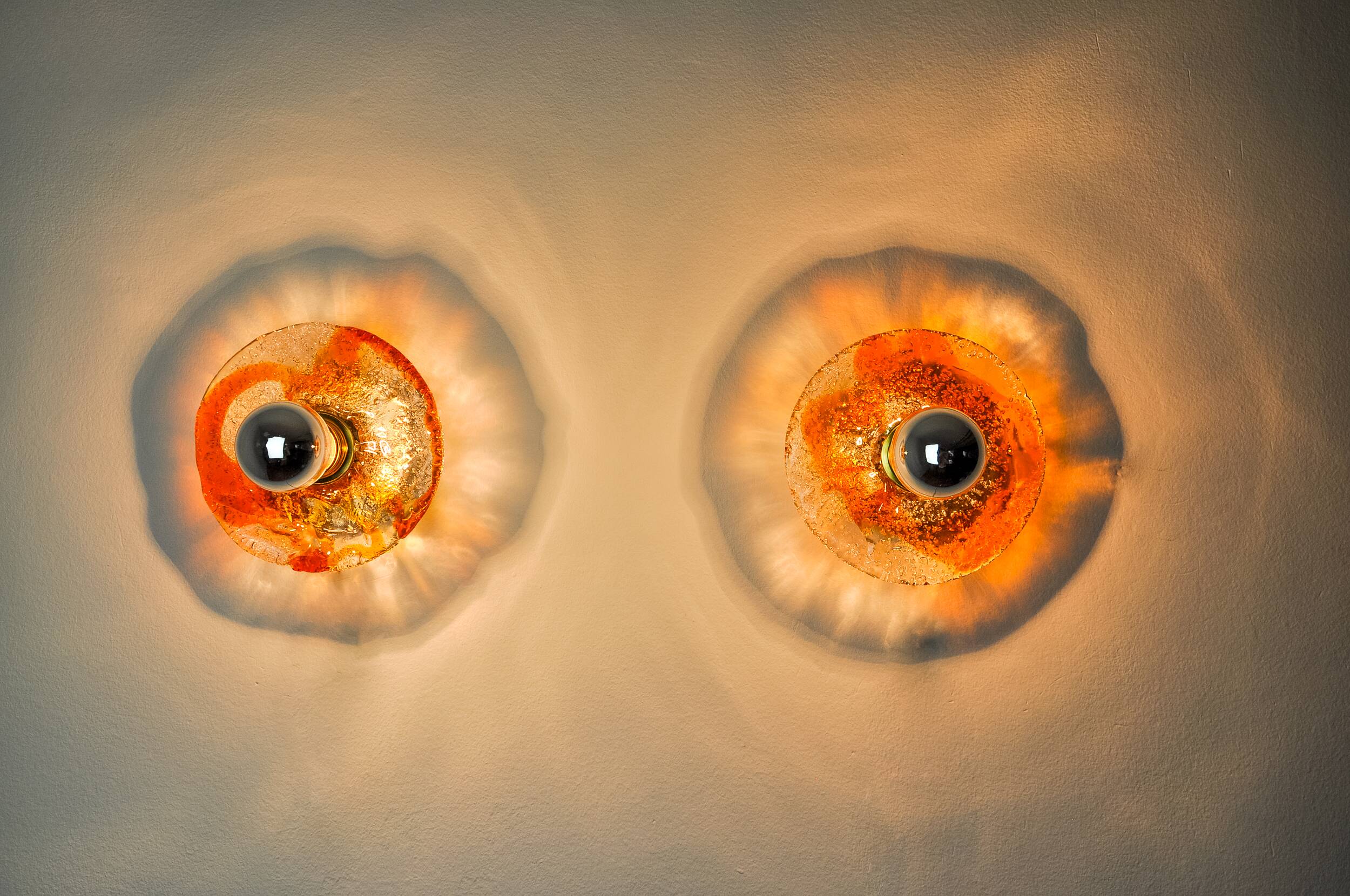 Pair of round wall lights by Murano Mazzega in orange frosted glass, Italy, 1970