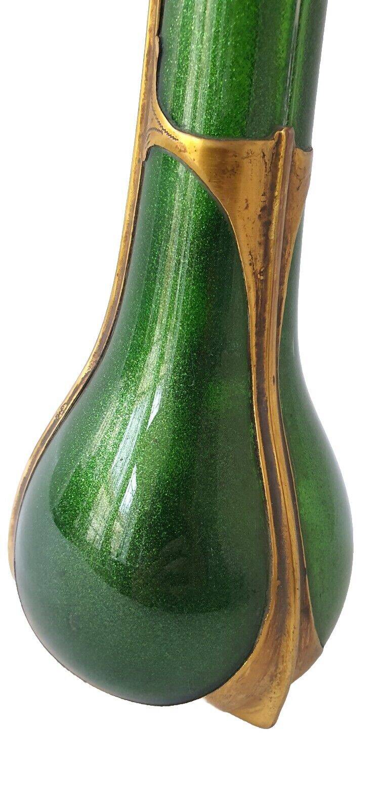 Soliflore vase legras imperial green copper decors enhanced with gold unsigned
