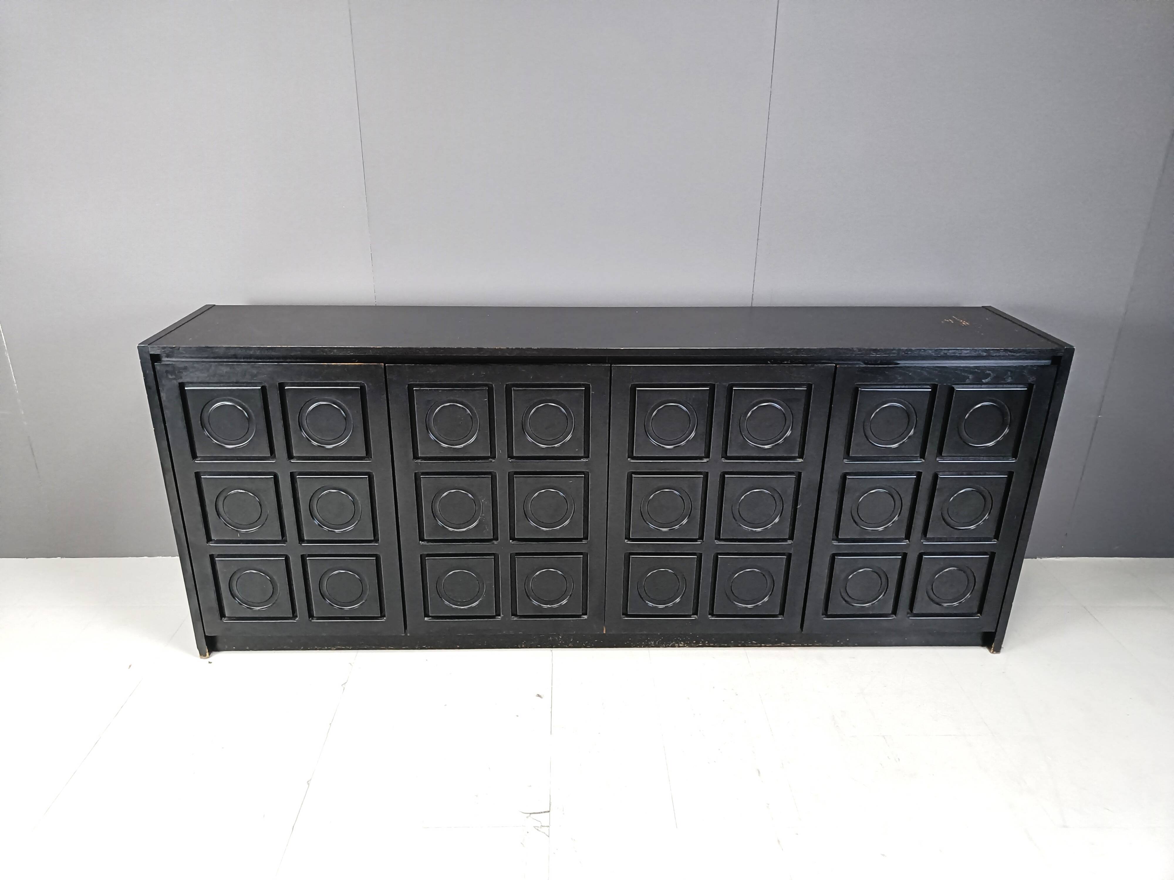 Black brutalist credenza, 1970s - vintage brutalist credenza - graphical brutalist credenza