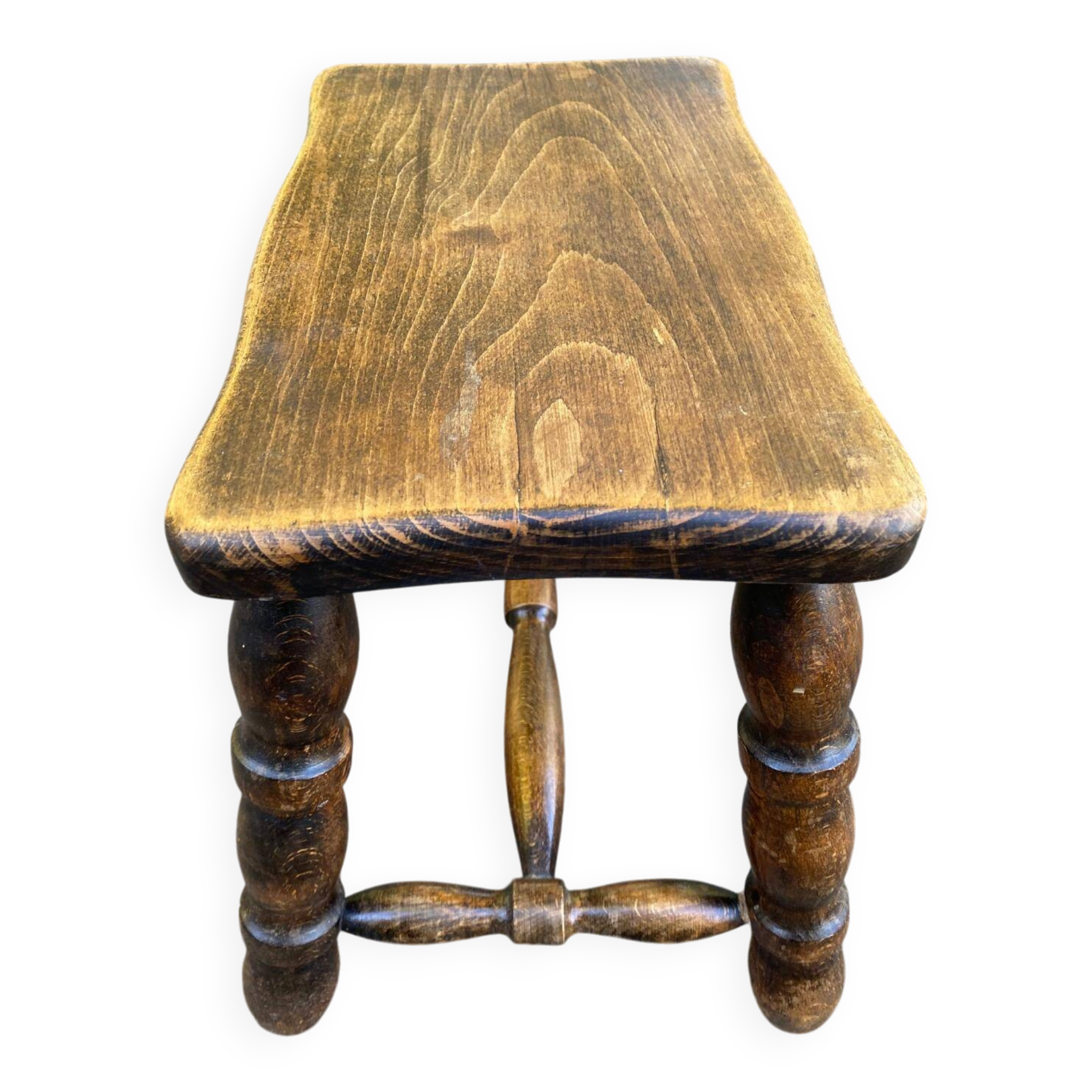 Small vintage low stool made of turned solid wood footrest 1960