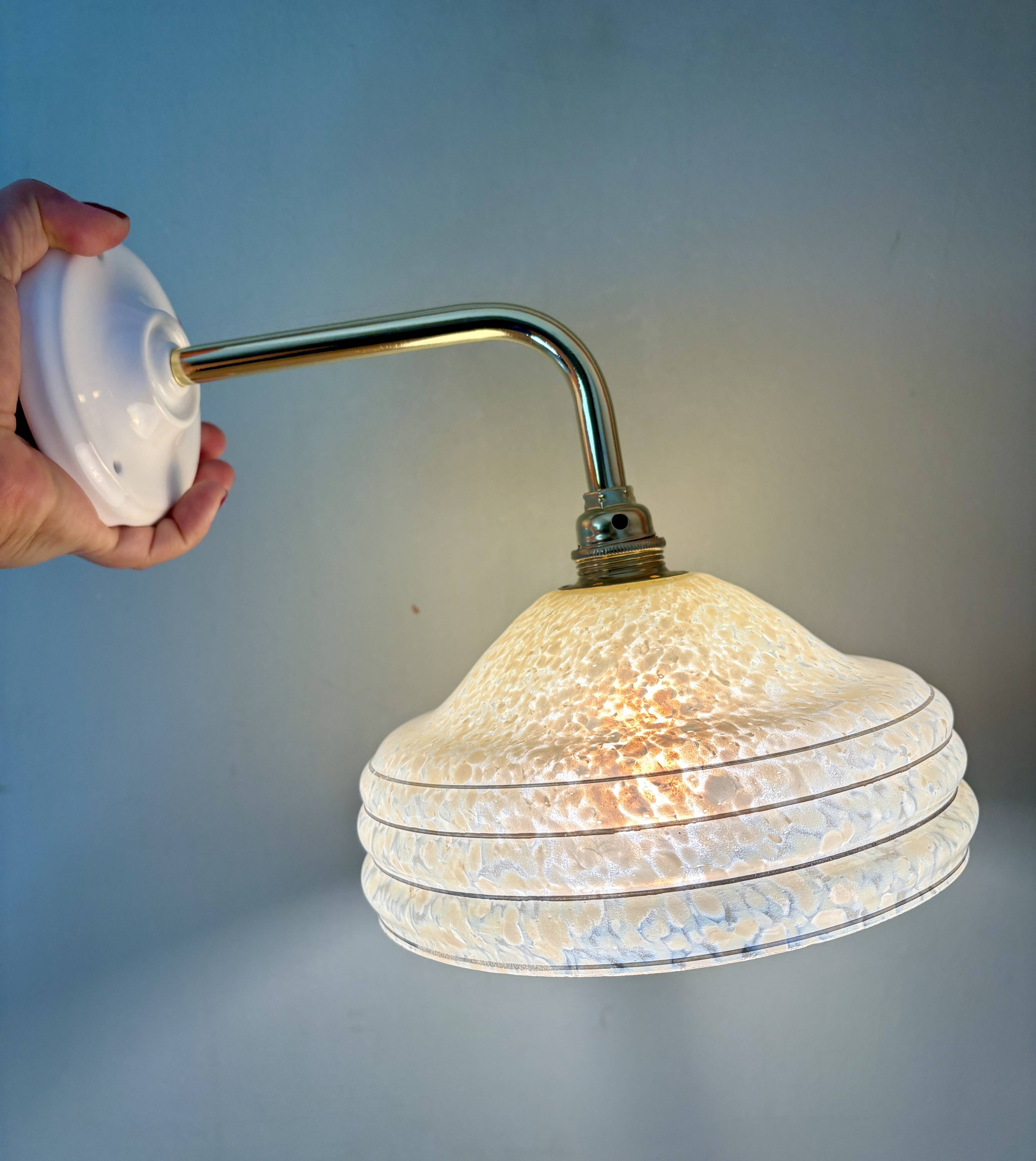 Angled wall lamp with vintage shade in yellow Clichy glass and silver edging