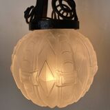 1930s Art Deco pendant light in frosted glass and wrought iron