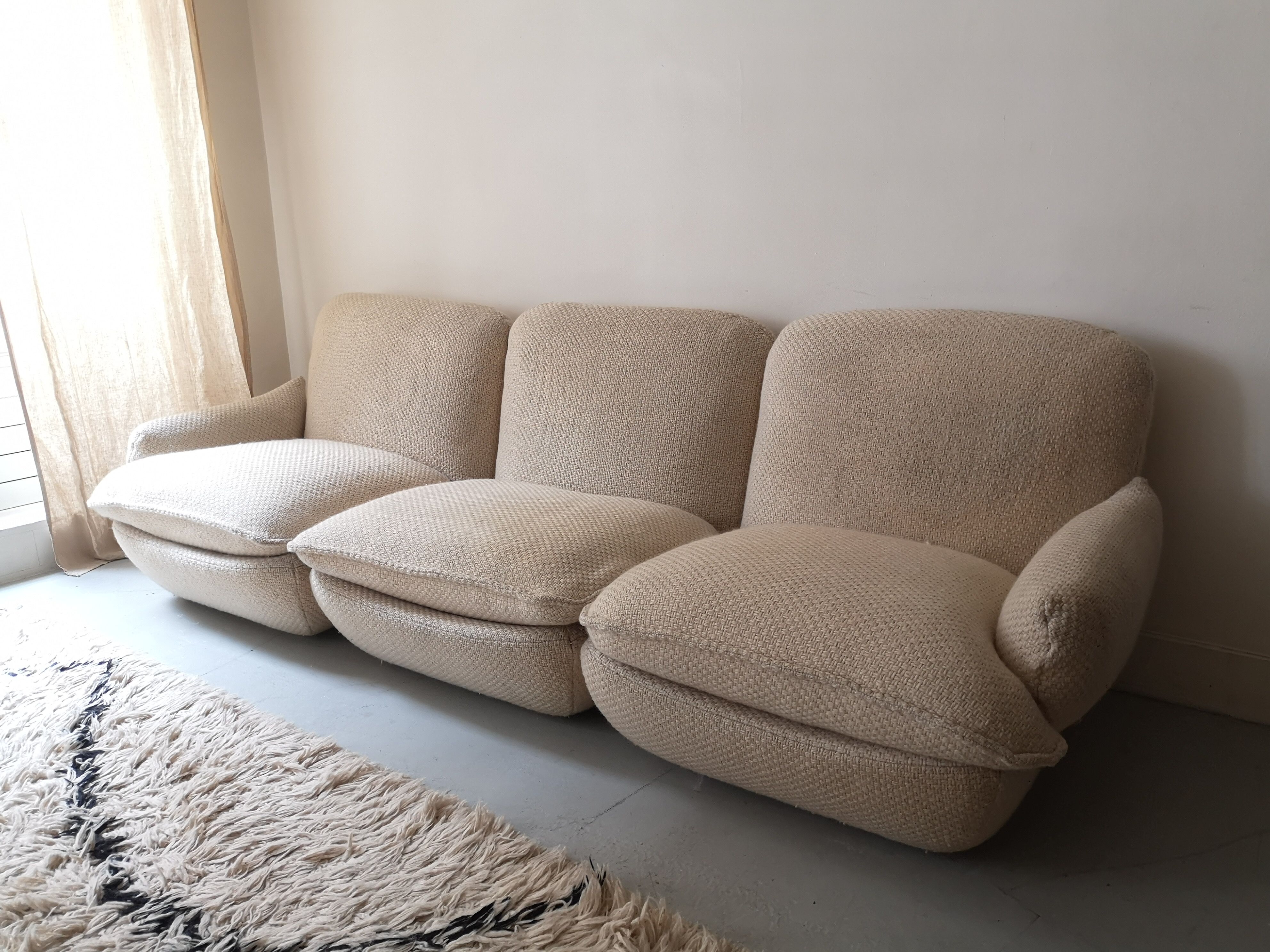 3-seater modular sofa in French terry-style wool fabric, airborne 1970