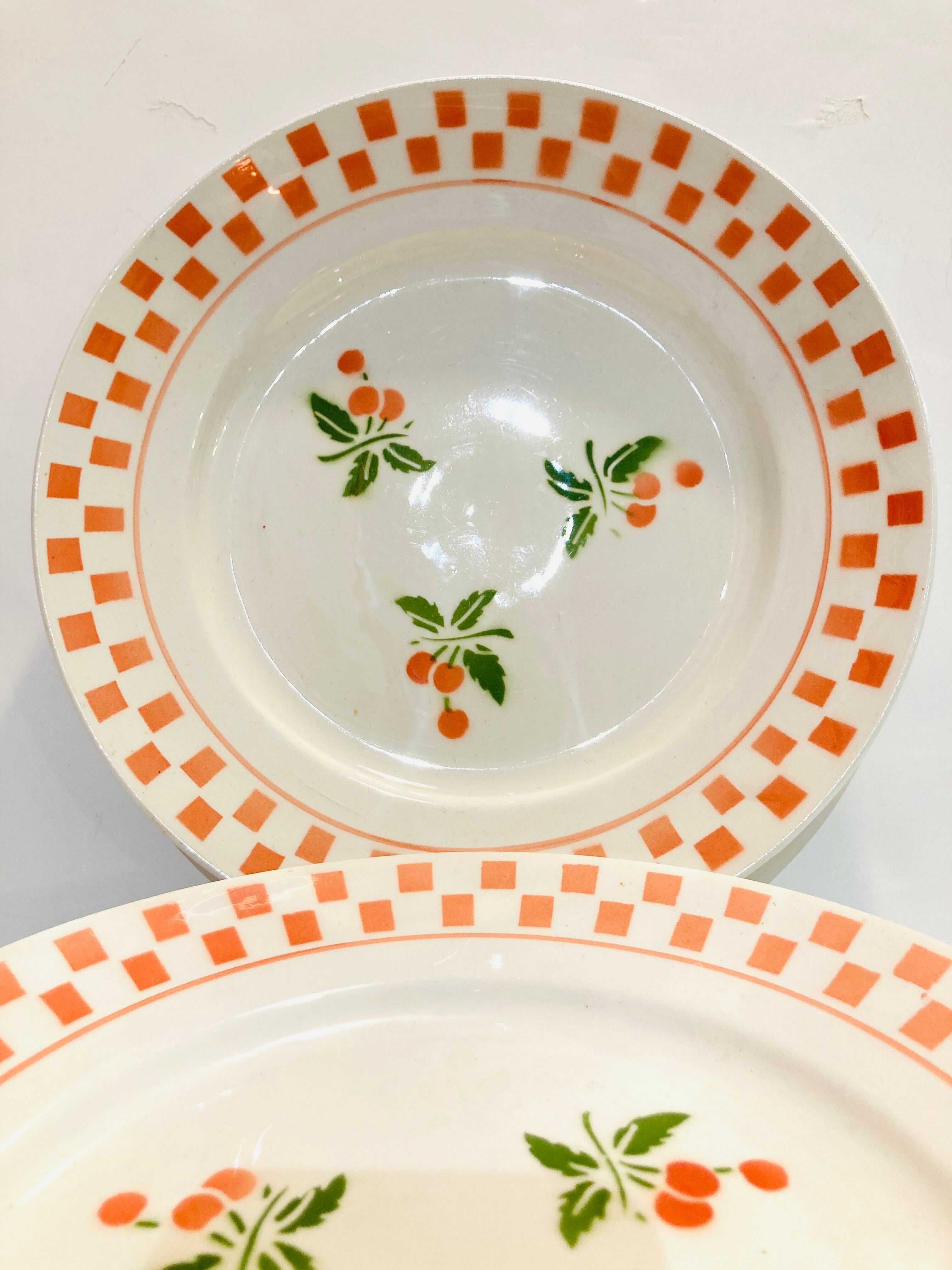 6 large plates in ecru ceramic pattern orchies- moulins des loups -retro-vintage-kitchen