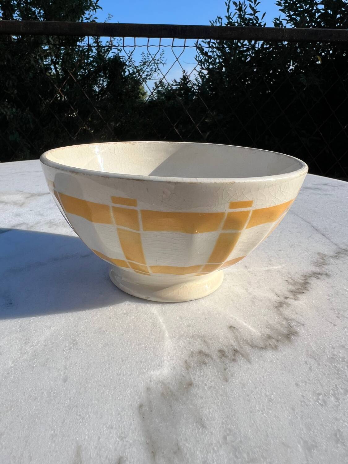 Vintage Earthenware Bowl with Yellow Tiles Pattern