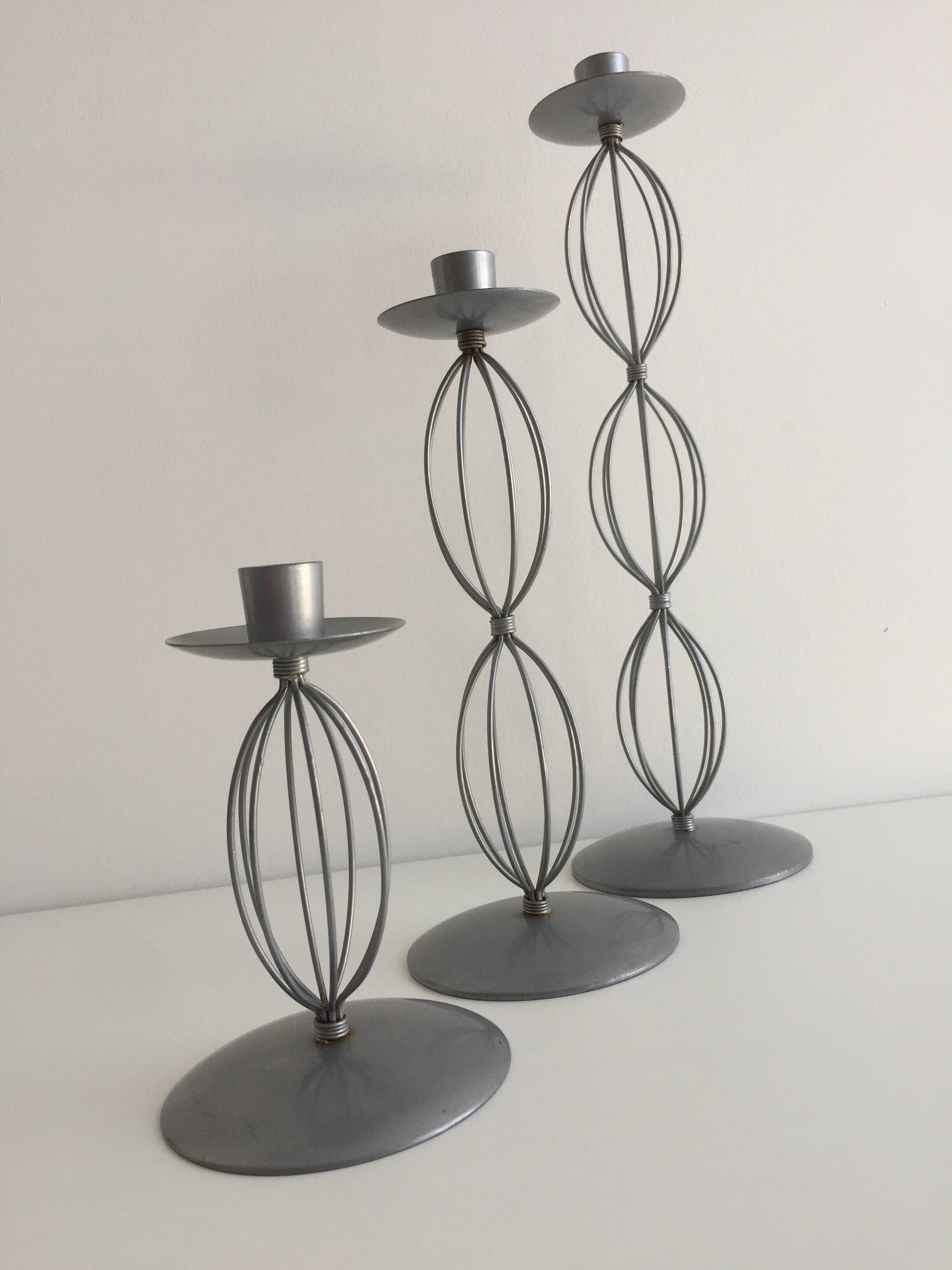 Trio of Candleholders Contemporary Candlesticks Design Metal Old Silver