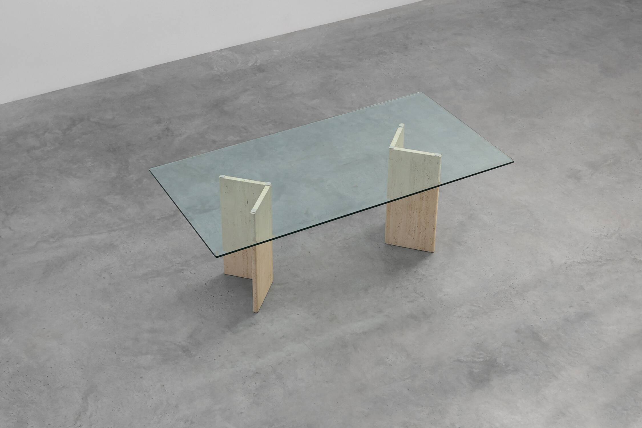 Mid‑Century Italian Dining Table with Glass Top and Travertine Base, 1970s