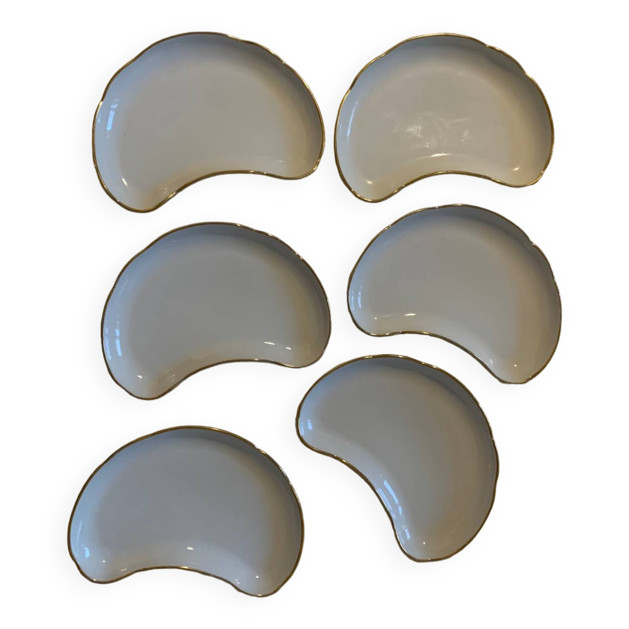 Set of 6 white porcelain plates with gold rims, Apilco
