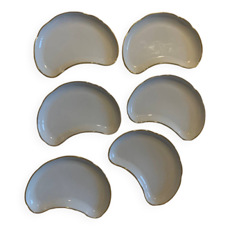 Set of 6 white porcelain plates with gold rims, Apilco