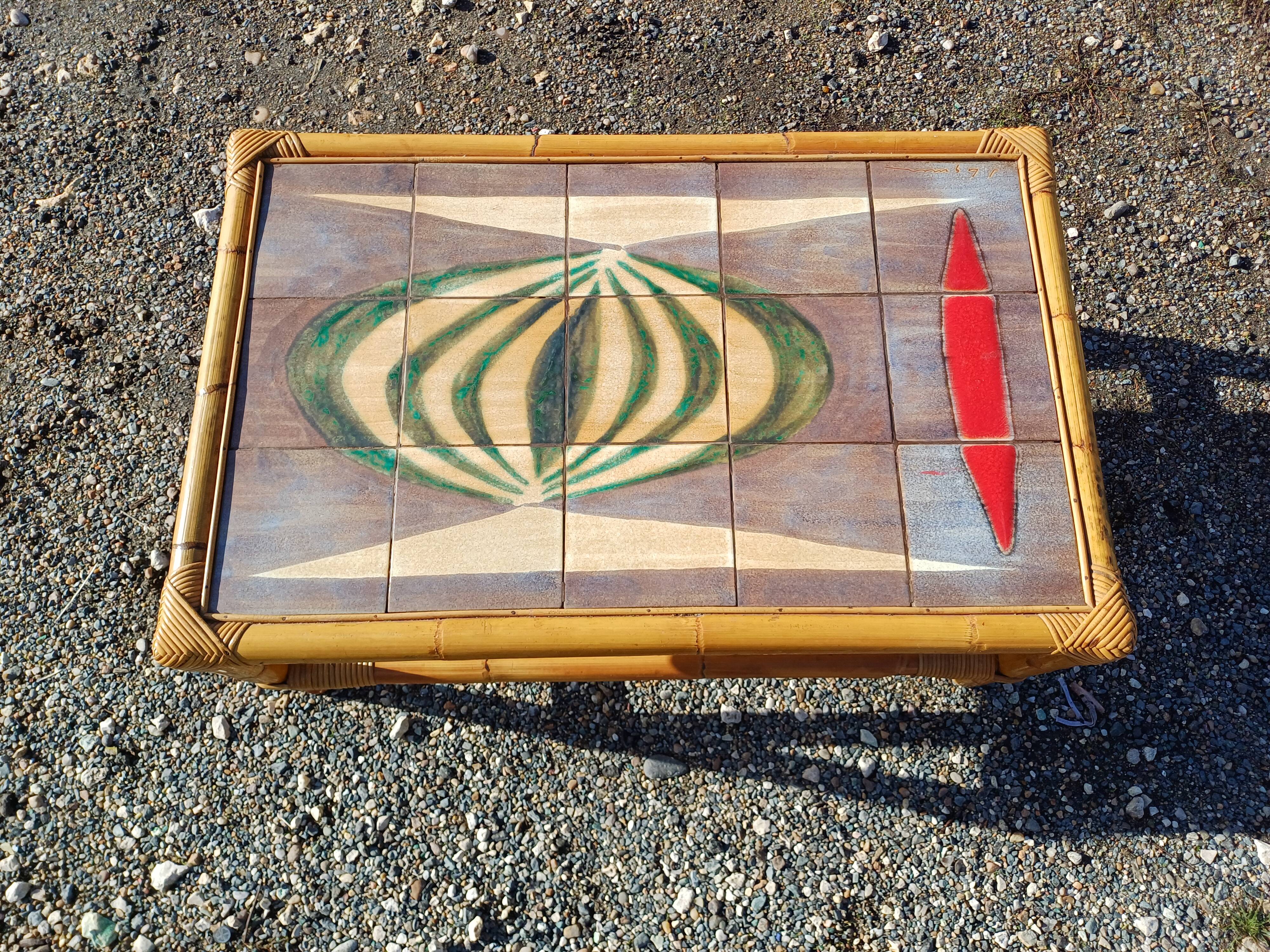 Vintage bamboo and earthenware coffee table signed jl gruer