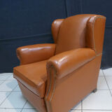 Club armchair with ears of the 40s/ 50s in restored leather