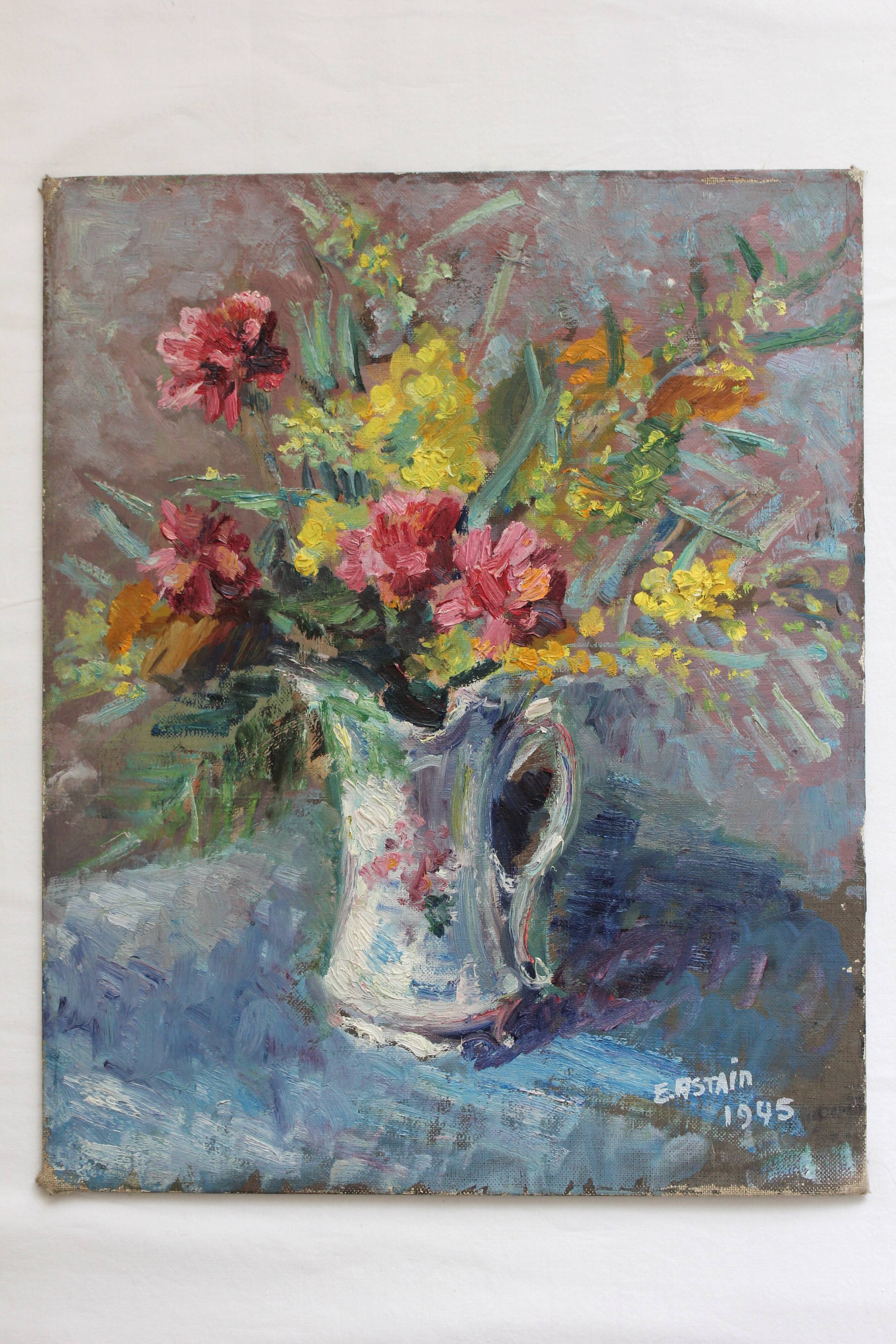Old painting, oil on cardboard signed E. Astain, "Flowers", 1945