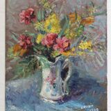 Old painting, oil on cardboard signed E. Astain, "Flowers", 1945