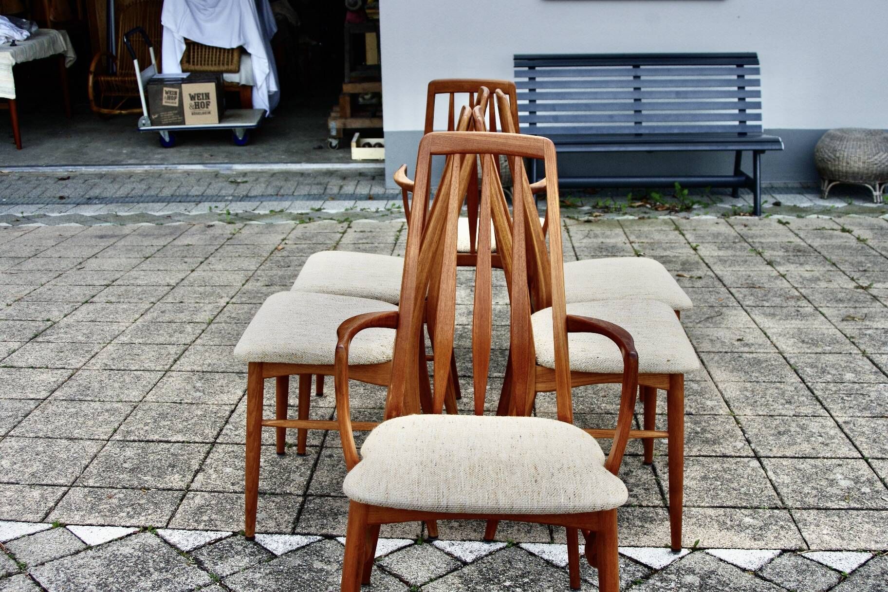 Set of 4 chairs and a pair of vintage eva armchairs by nils koefoed