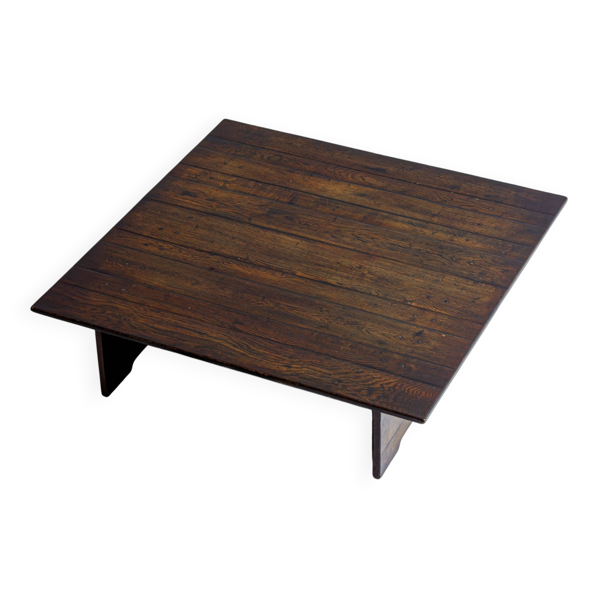 Large rustic brutalist coffee table in patinated wood, 1980s