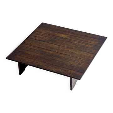 Large rustic brutalist coffee table in patinated wood, 1980s