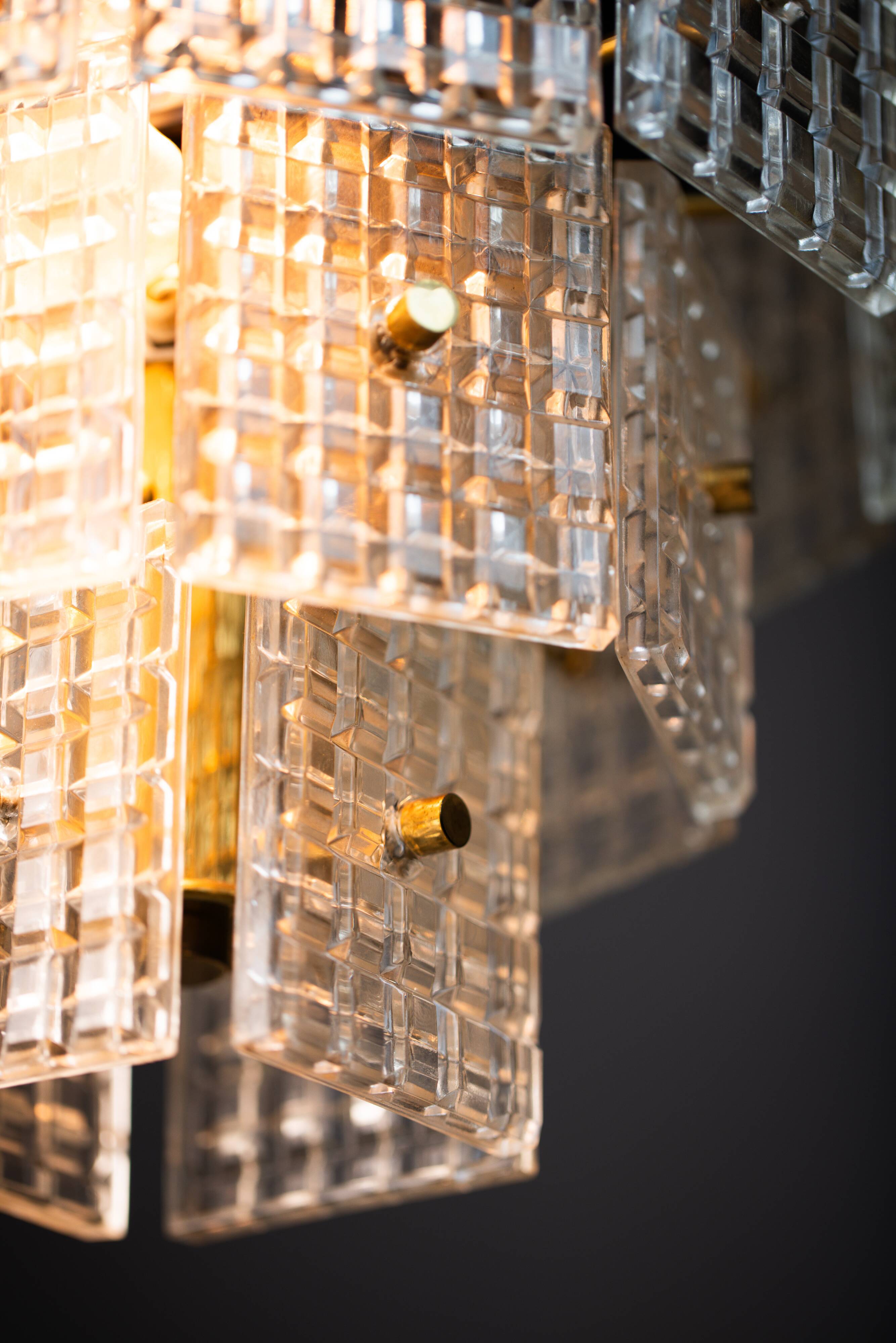 Vintage Embossed Glass Chandelier: 1970s Brass Pendant Lamp