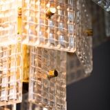 Vintage Embossed Glass Chandelier: 1970s Brass Pendant Lamp