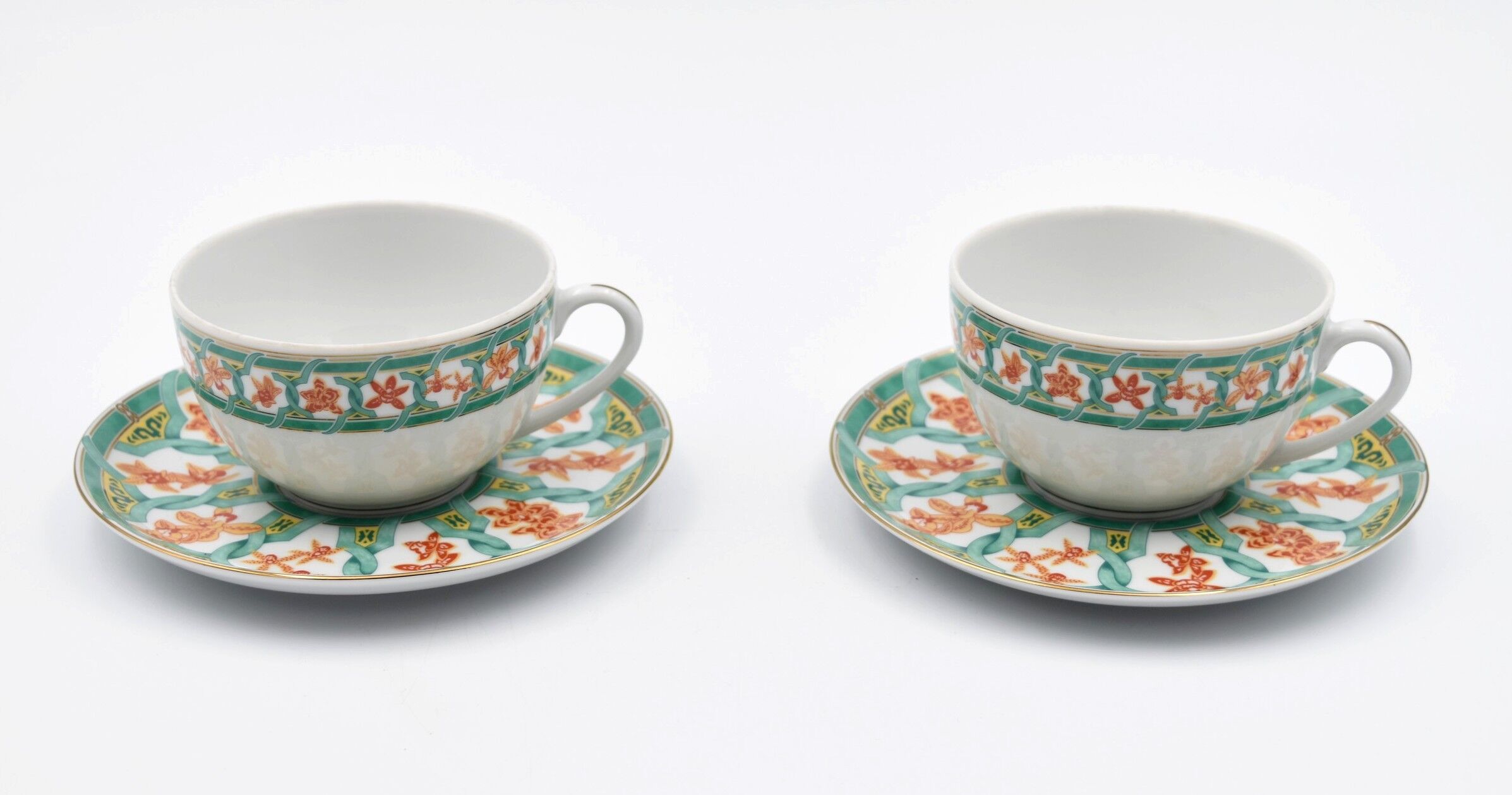 2 cups Christofle Oceana Green Ginkgo porcelain