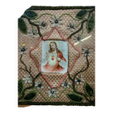 Broderie religieuse du XIXeme siècle : tableau ex voto avec une image pieuse