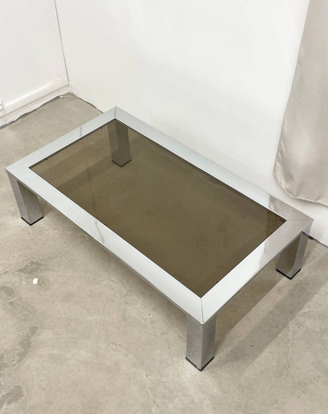 Rectangular coffee table in chromed metal and smoked glass, circa 1970