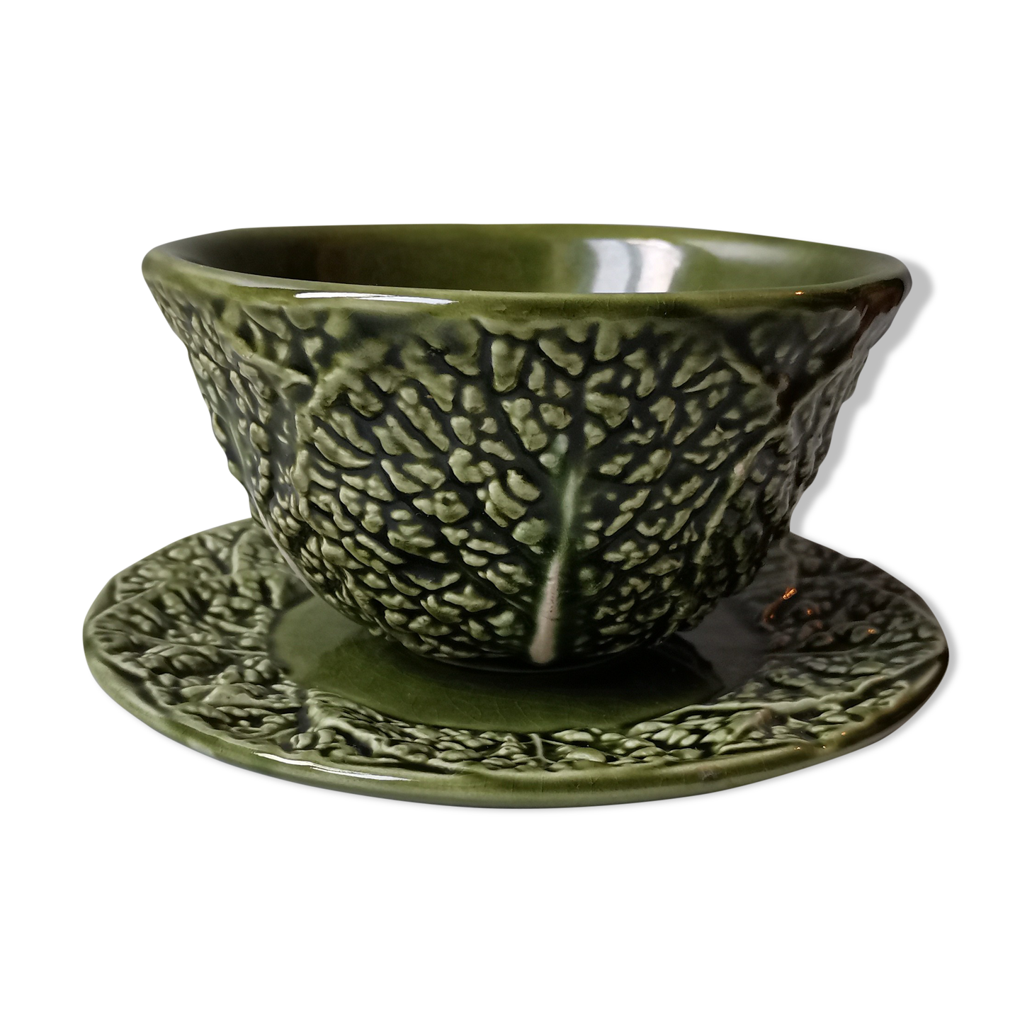 Bowl with saucer vintage slurry green Portugal cabbage leaf