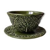 Bowl with saucer vintage slurry green Portugal cabbage leaf