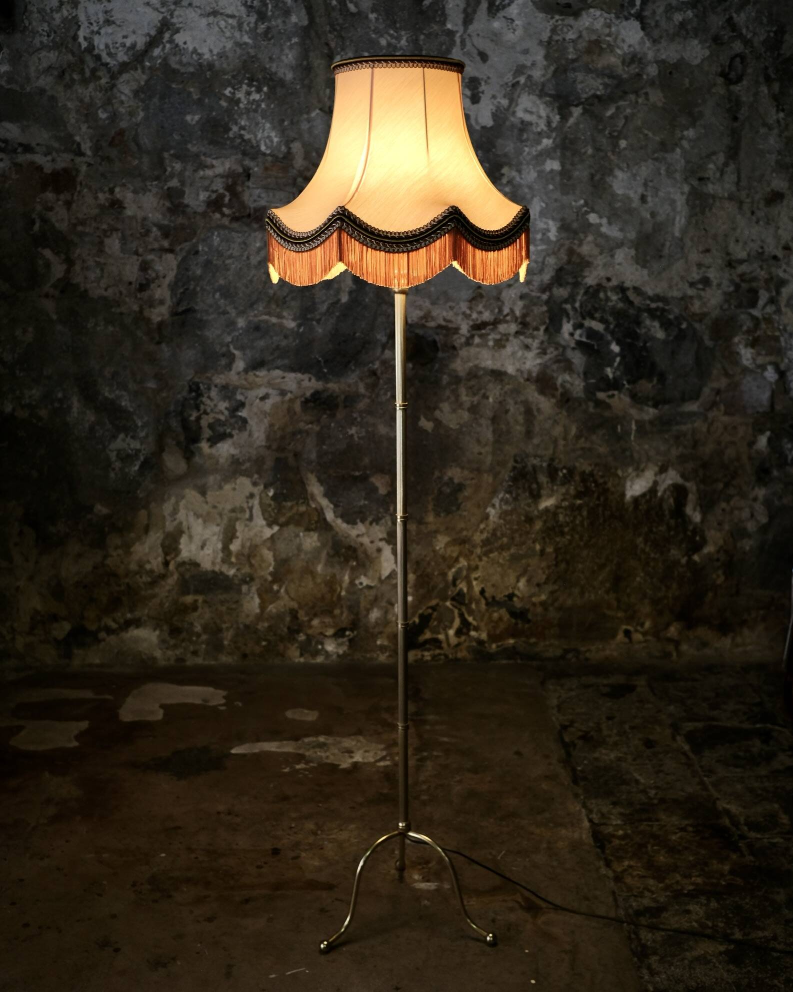 French brass floor lamp with fringes, mid-20th century