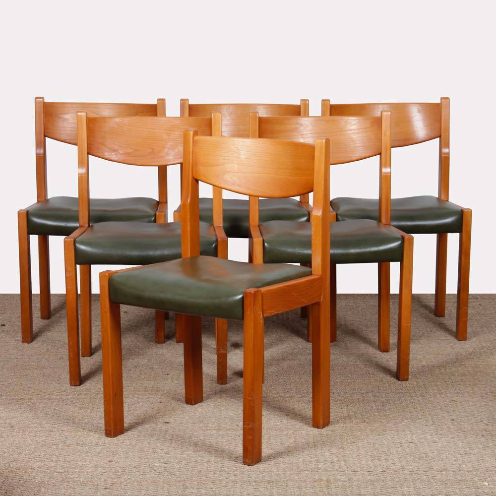 Set of 6 solid elm and leather chairs by Self, 1980.