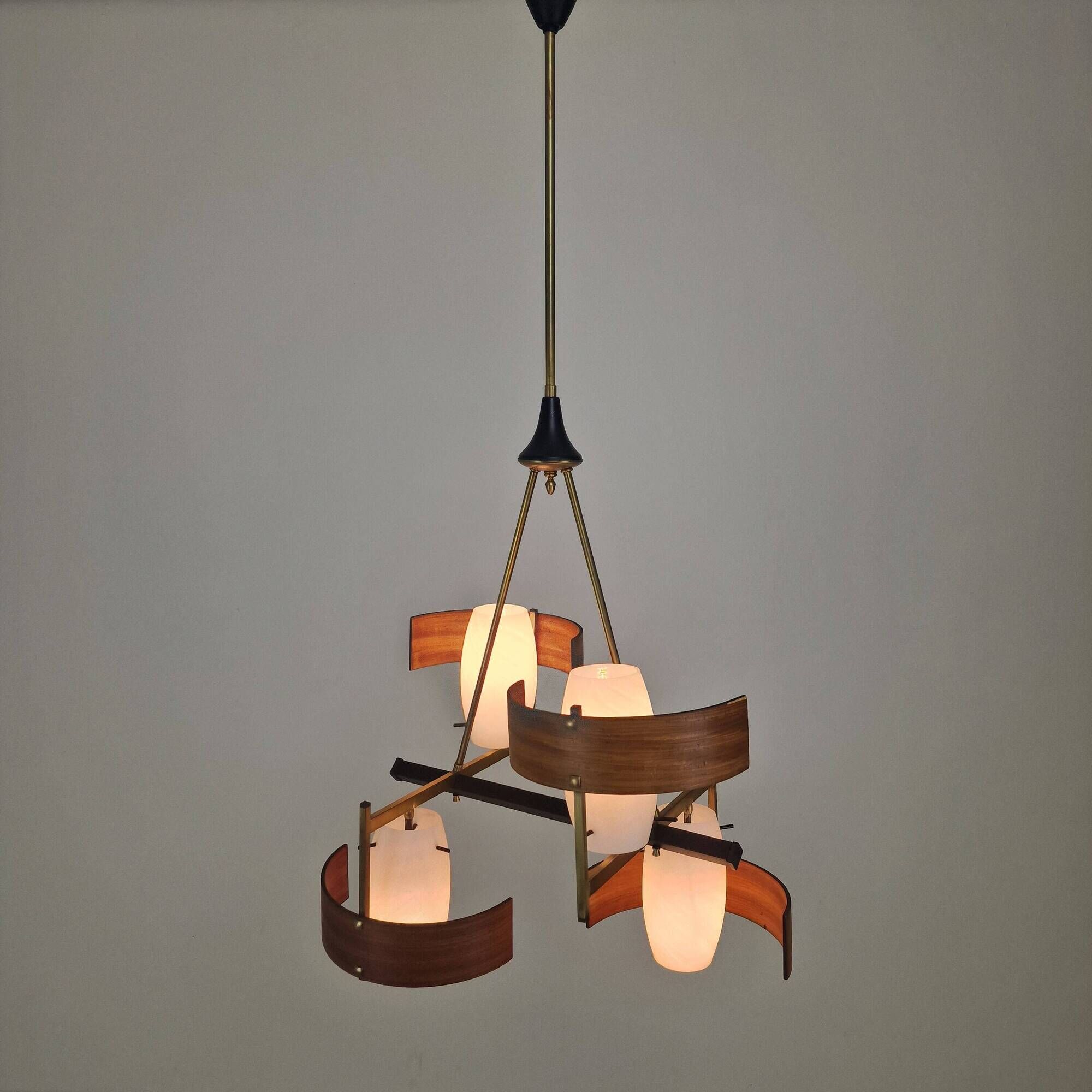 Italian Brass, Teak and Opaline Glass Chandelier by Stilnovo, 1960's