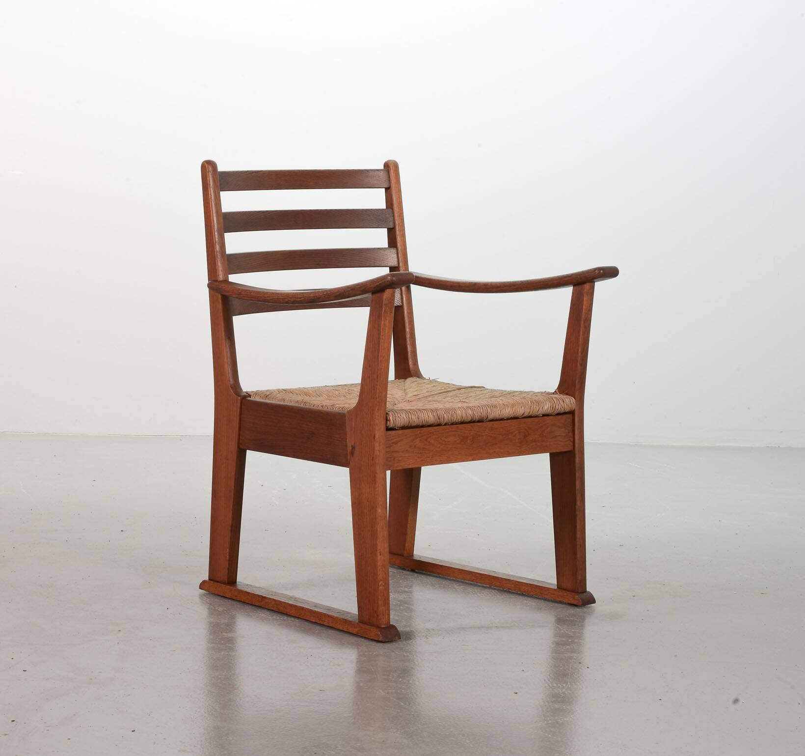 Rare Bas van Pelt Brutalist Oak Armchair with Woven Rush Seat for My Home