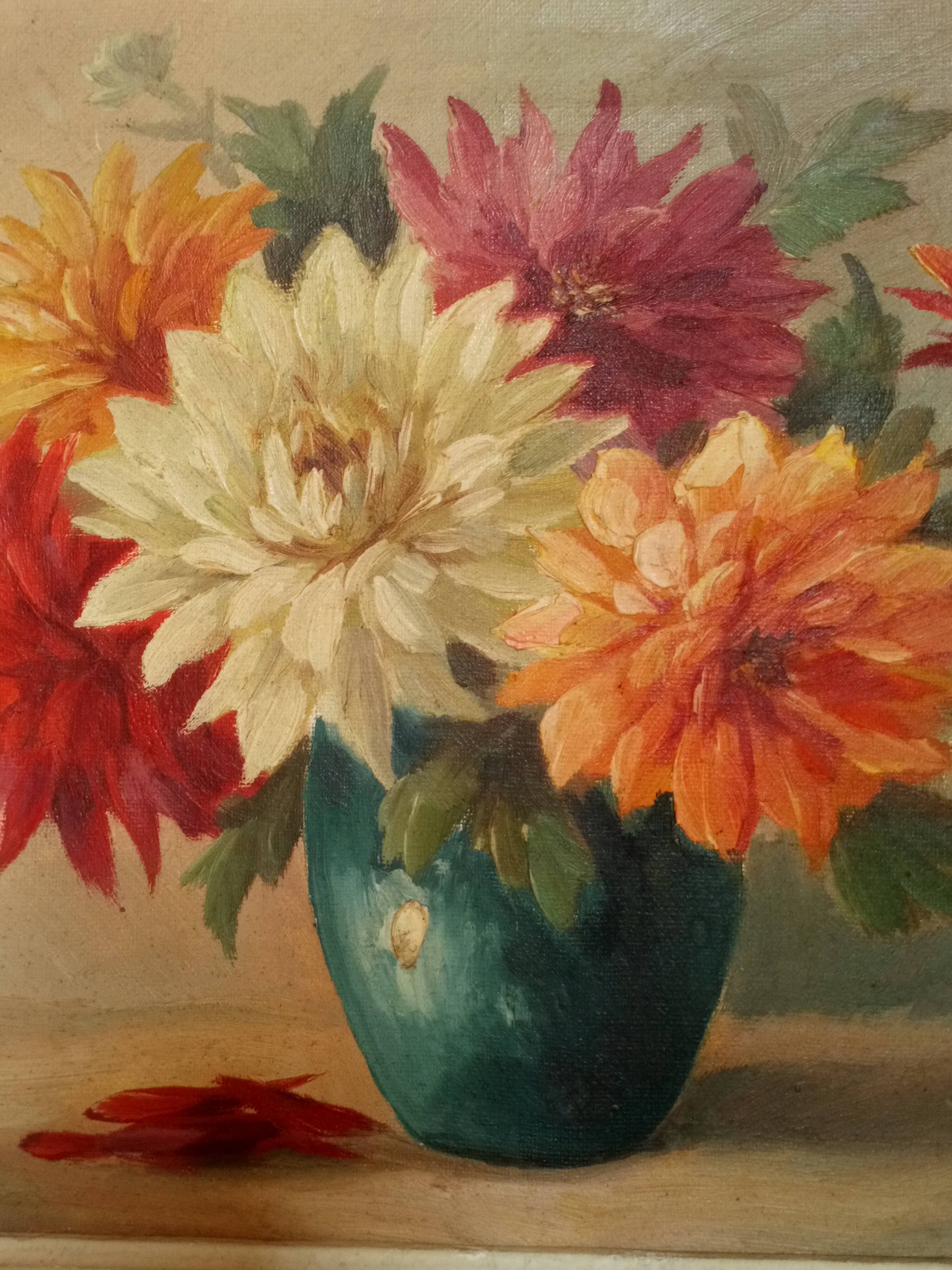 Oil on canvas vase with dalhias framed