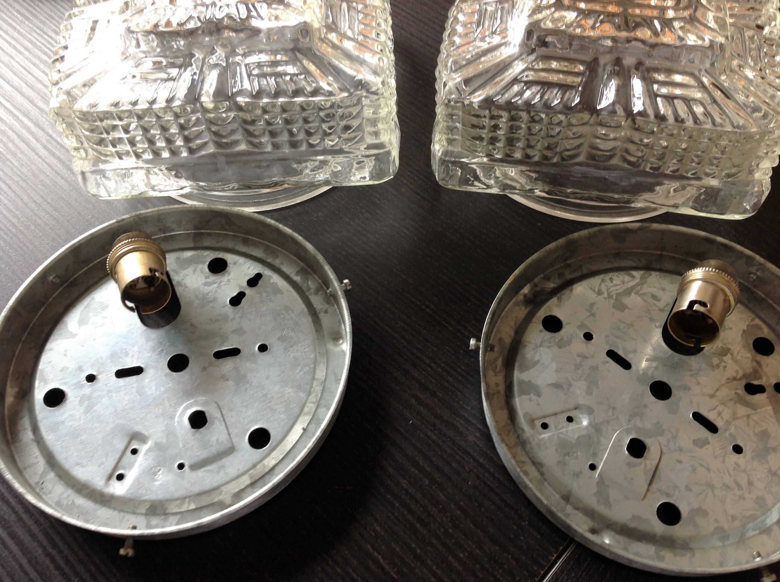Paire de plafonniers carrés en verre structuré / vintage années 60-70