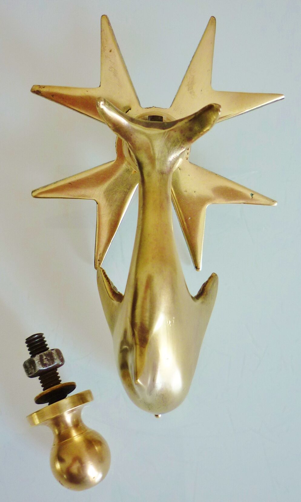 Door knocker with stopper and Maltese cross, solid brass dolphin