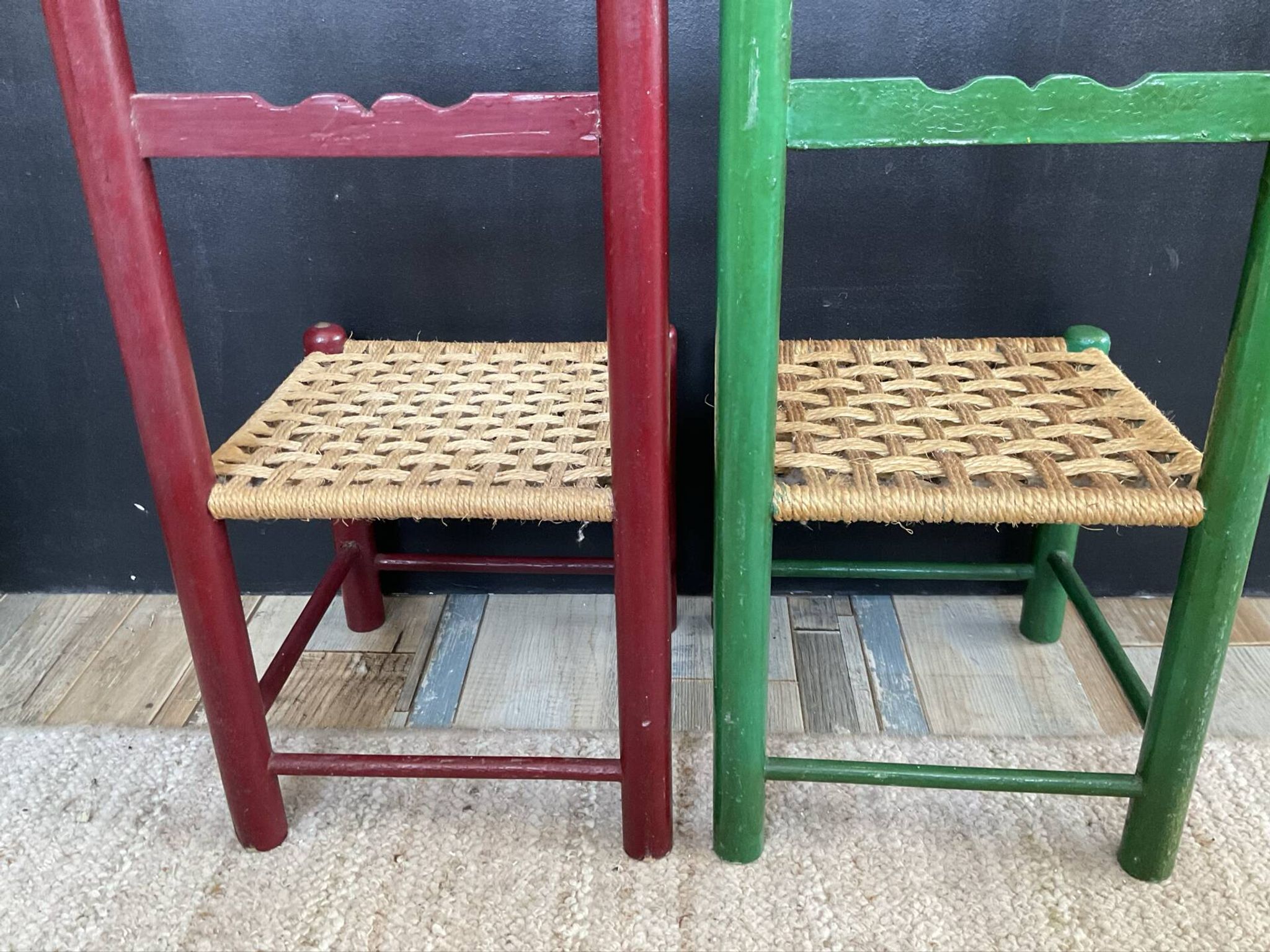 Vintage wooden and rope children's chair pair