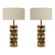 Mid-century modern Italian table lamps with hand-sculpted brass, floral pattern.