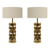 Lampes de table italiennes modernes du milieu du siècle avec laiton sculpté à la main, motif floral