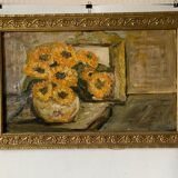 Tableau ancien bouquet fleurs jaunes