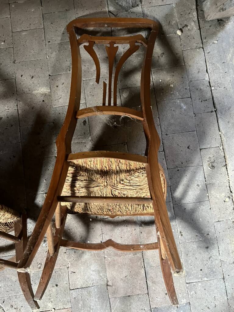 Pair of Vintage Art Nouveau Chairs in Light Wood and Woven Straw Seat