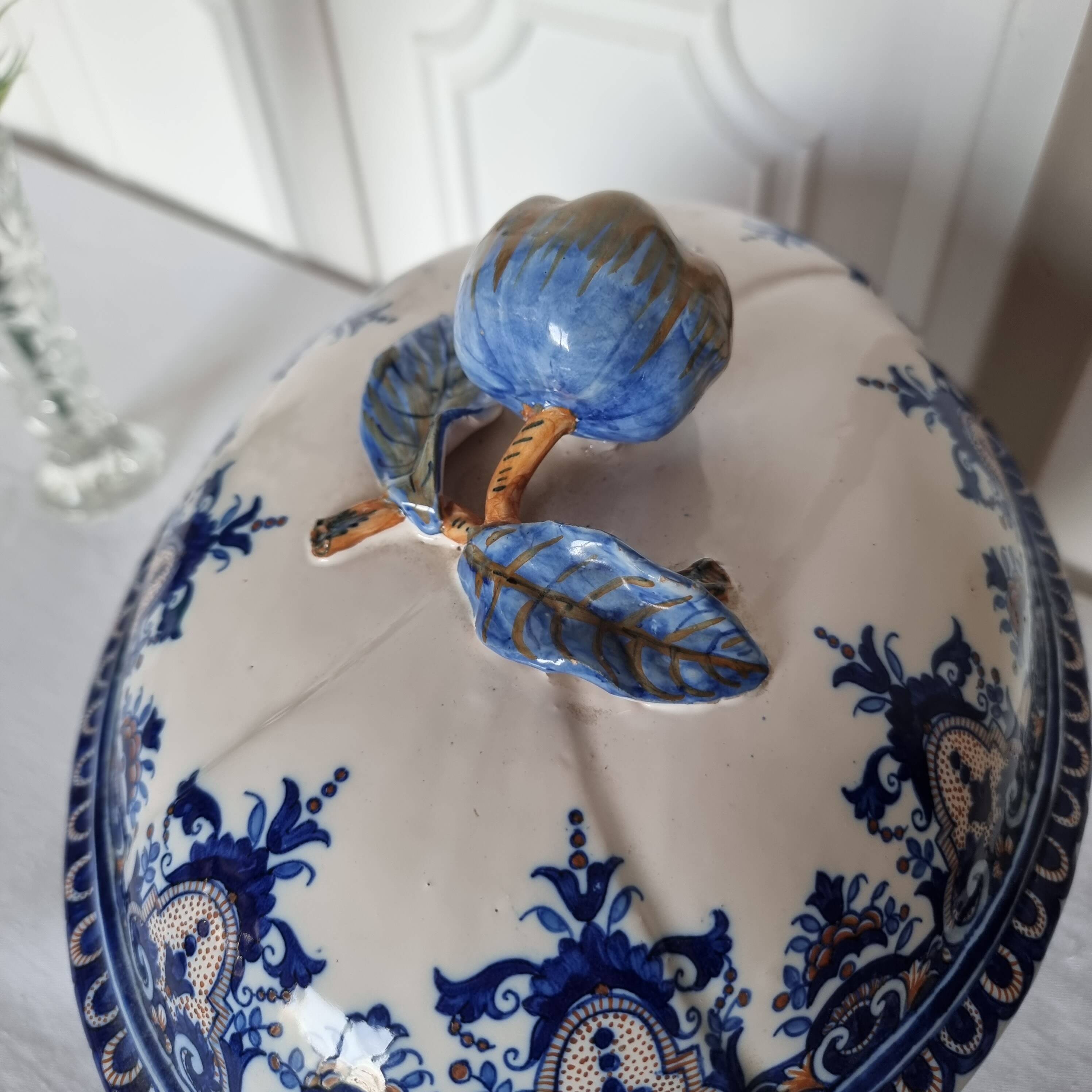 Antique earthenware tureen by Émile Tessier (1887-1971), Malicorne, France