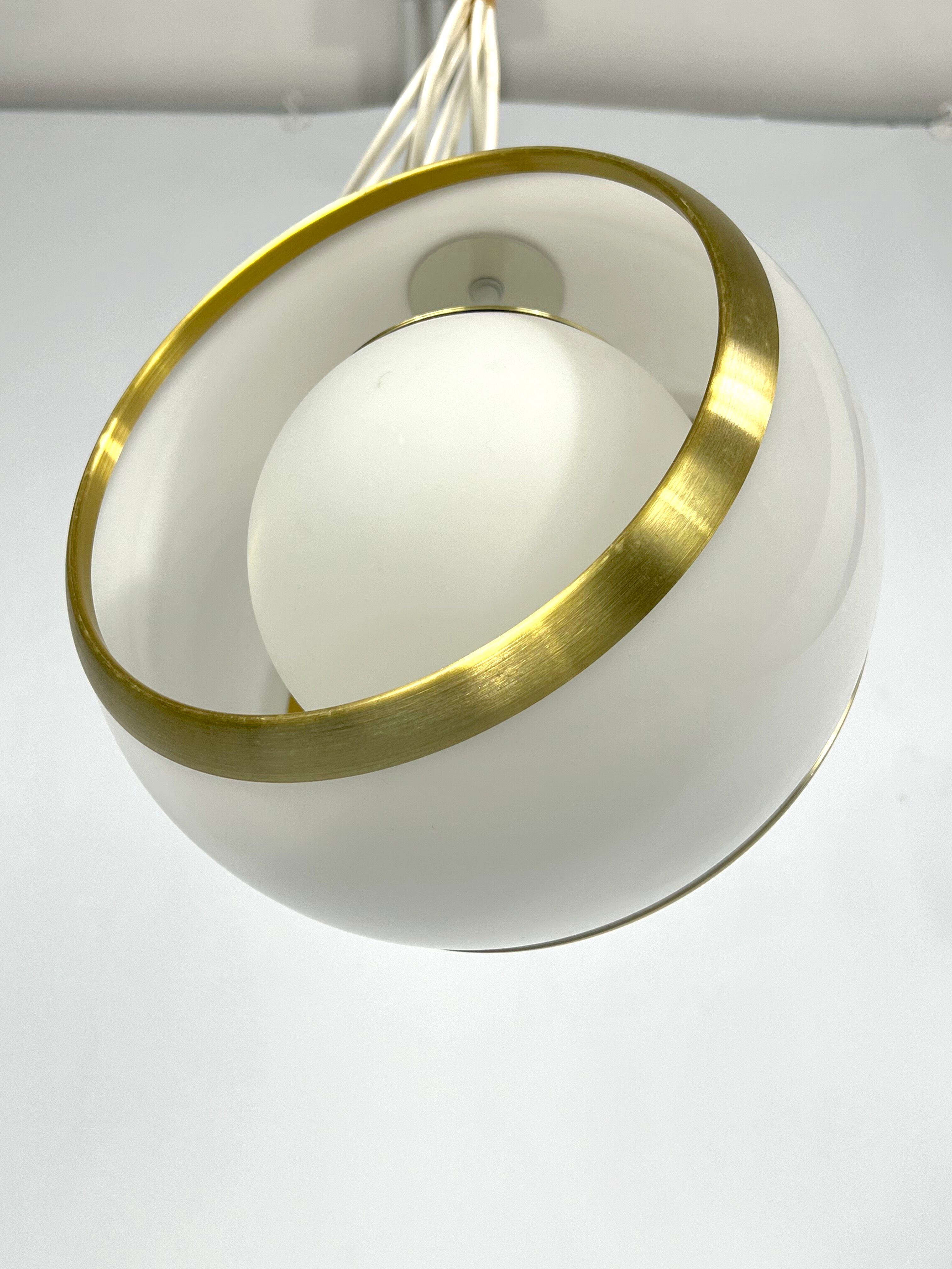 Stilux Milano, gilded aluminum, opaline and perspex pendant. Italy 1960s