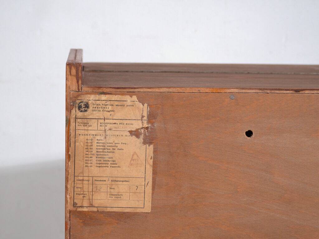 Mid-century walnut veneer sideboard with triangular handles – Czechoslovakia, circa 1960