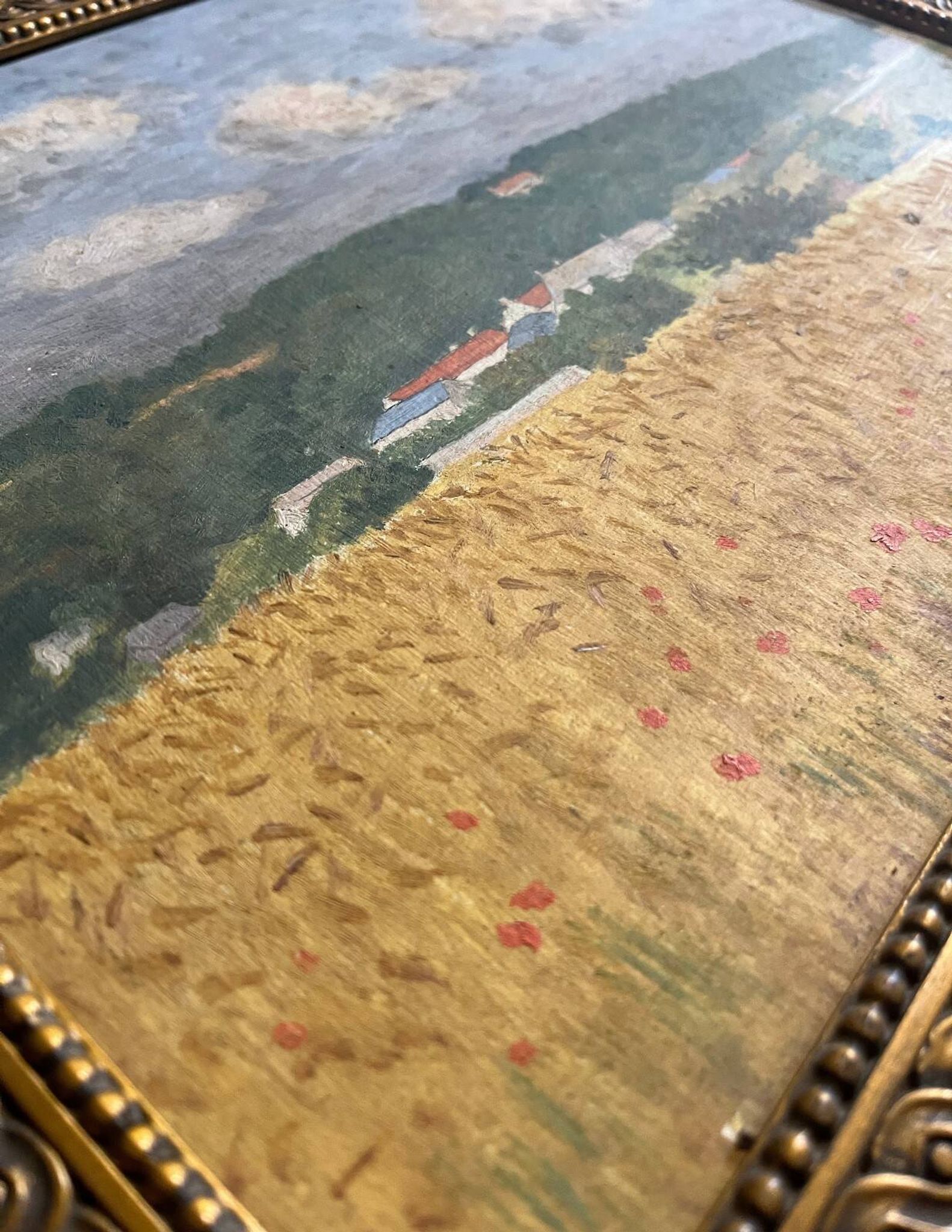 Tableau HSP "Paysage aux blés et coquelicots" post impressionniste 1900