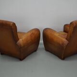 Paire de fauteuils club vintage en cuir cognac français, lot de 2