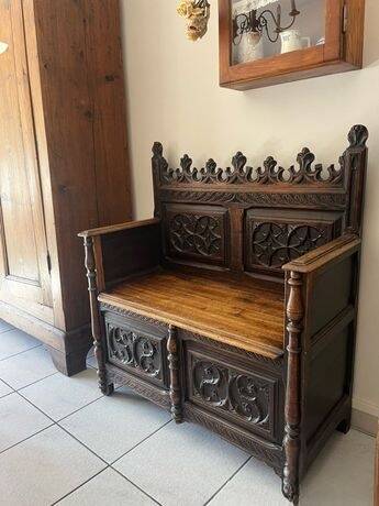 Antique wooden bank chest in Gothic / Neo-Renaissance style