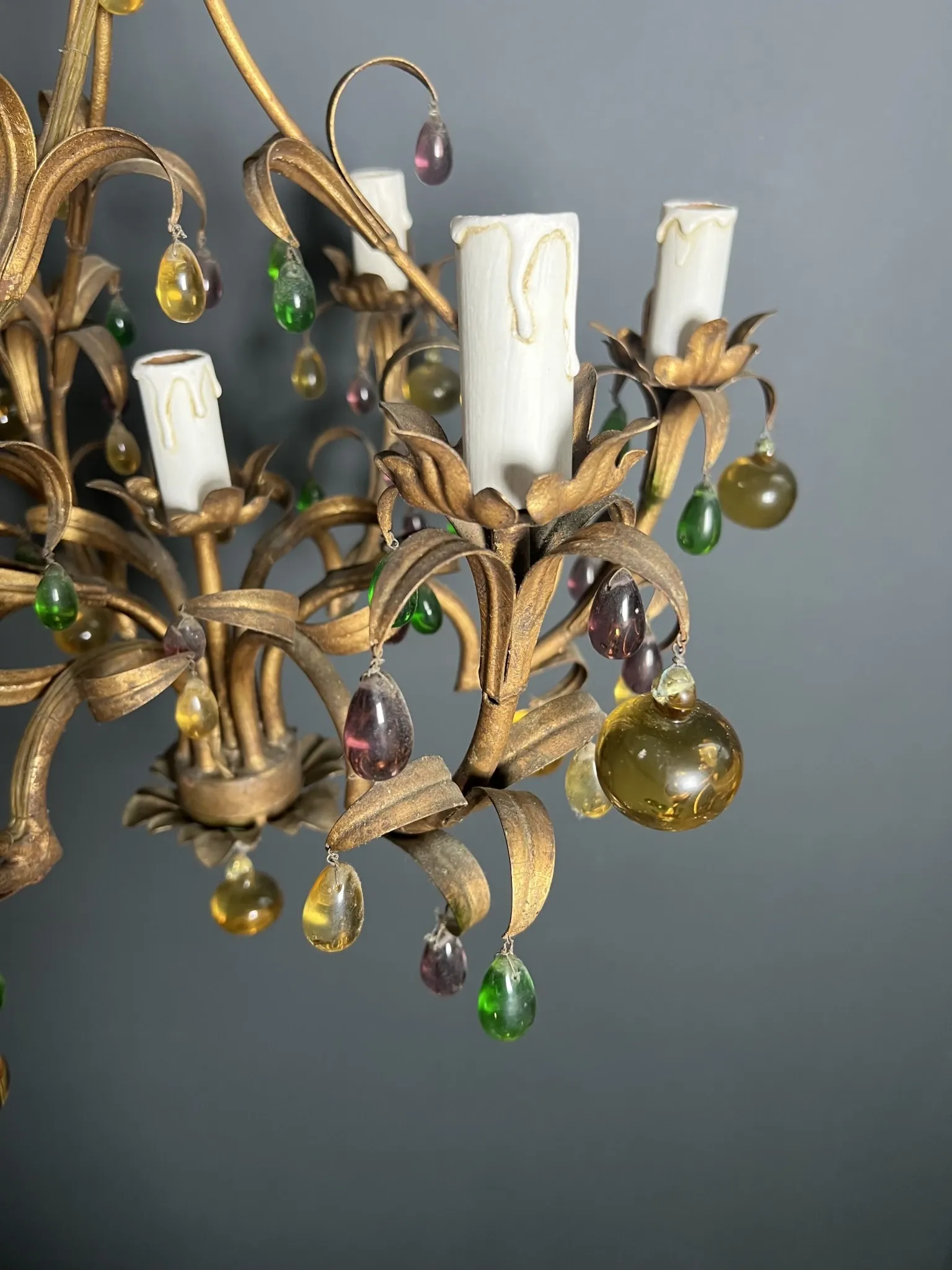 Golden Metal Cage with Leaf and Multi-Coloured Glass Fruit Decoration