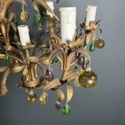 Golden Metal Cage with Leaf and Multi-Coloured Glass Fruit Decoration