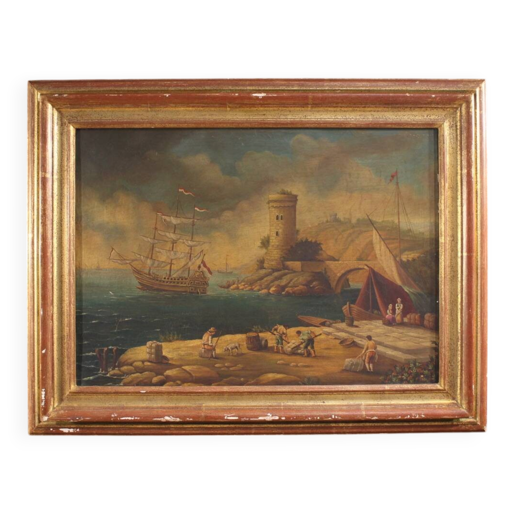 20th century Italian painting of a harbor view